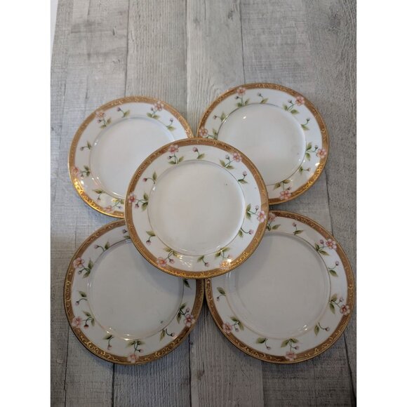 Set Of 5 Hand Painted Nippon Porcelain Plates With Gold Trim & Floral Design - Picture 1 of 6